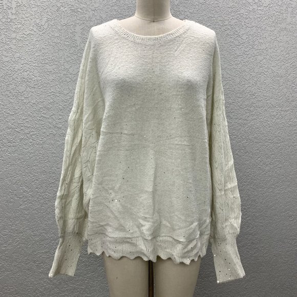 Elle Sequined Pullover Sweater Women's XXL Cream White Knit Long Balloon Sleeve